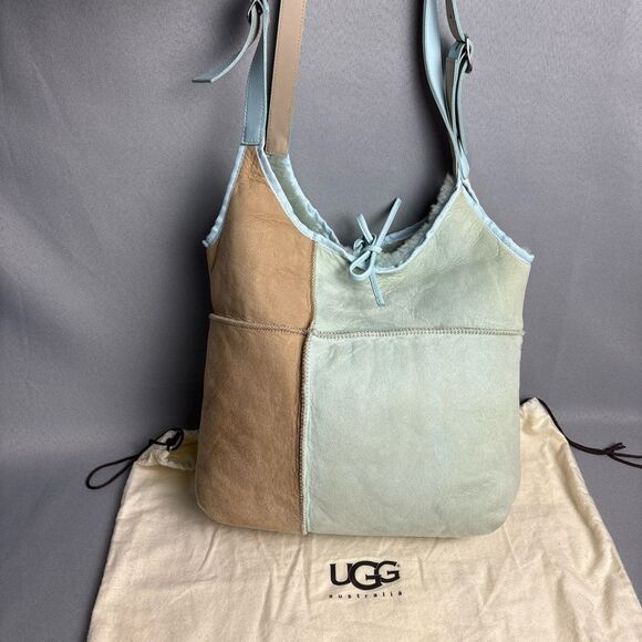 Ugg Tote Hobo Purse Shoulder Bag Bucket Sherpa Shearling Wool Baby Blue Tan - Picture 6 of 12